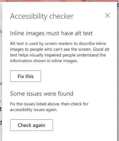 Accessibility Checker pop-up