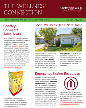 Newsletter about Chaffey College wellness support services with title The Wellness Connection.