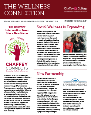 Newsletter called The Wellness Connection. It includes articles about the Behavior Intervention Team's new name, the expansion of social wellness services, and a new partnership with California State University San Bernardino. The newsletter aims to connect students to the support they need for academic success.