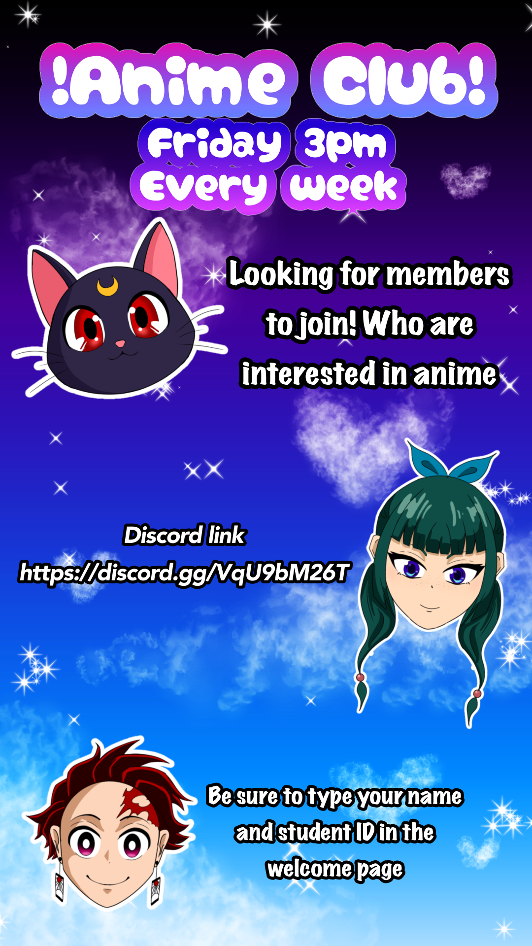 Anime Club looking for members, showing anime character images