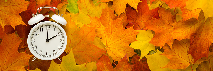 a clock on top of fall leaves