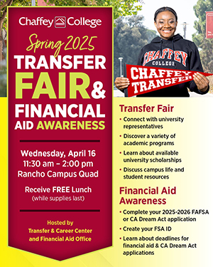 Flyer promoting Chaffey College’s Spring 2025 Transfer Fair & Financial Aid Awareness event on April 16. The event will be held from 11:30 AM to 2:00 PM in Rancho Campus Quad. It will include university representatives and free lunch.